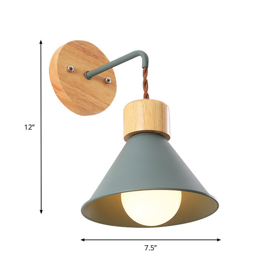 Metallic Nordic Wall Sconce With Wooden Cap - Stylish Cone Shade 1 Light Blue/Pink/White