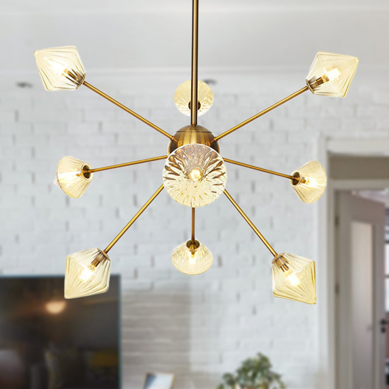 Modernist Clear/Amber Glass Diamond Chandelier With Sputnik Design - 9 Bulbs Led Pendant Lamp In