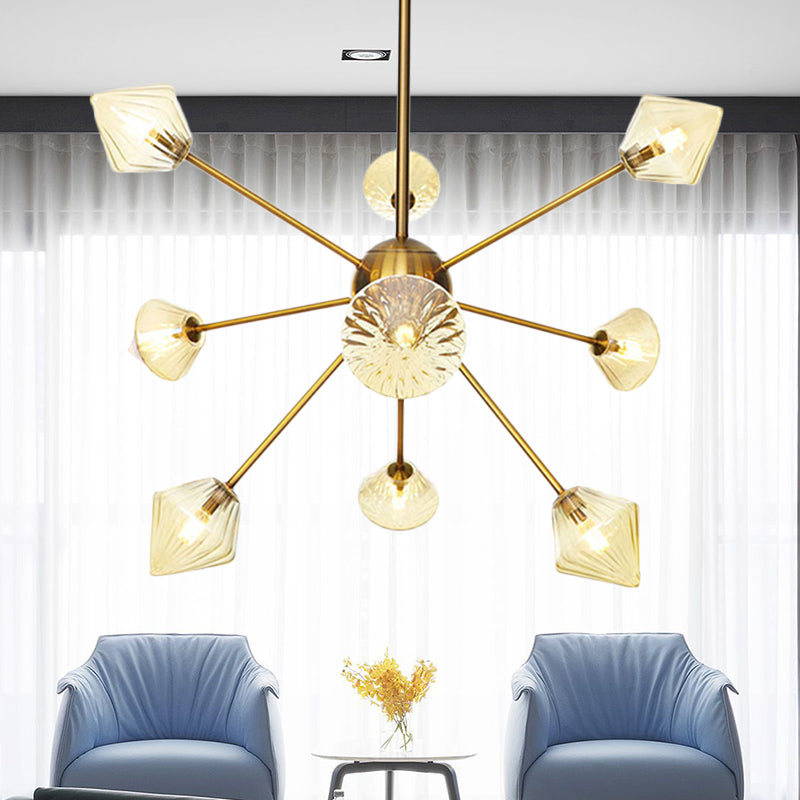 Modernist Clear/Amber Glass Diamond Chandelier With Sputnik Design - 9 Bulbs Led Pendant Lamp In