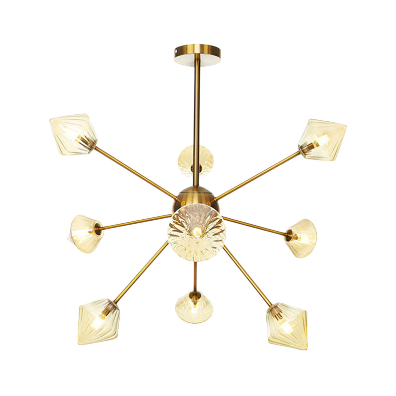 Modernist Clear/Amber Glass Diamond Chandelier With Sputnik Design - 9 Bulbs Led Pendant Lamp In