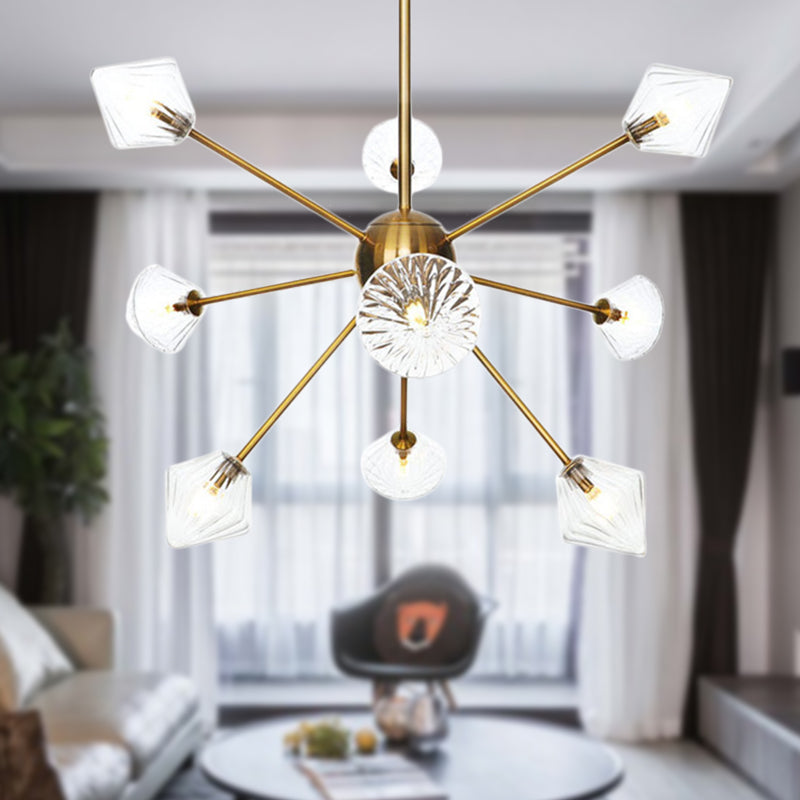 Modernist Clear/Amber Glass Diamond Chandelier With Sputnik Design - 9 Bulbs Led Pendant Lamp In