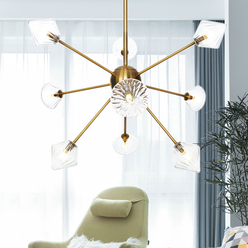 Modernist Clear/Amber Glass Diamond Chandelier With Sputnik Design - 9 Bulbs Led Pendant Lamp In