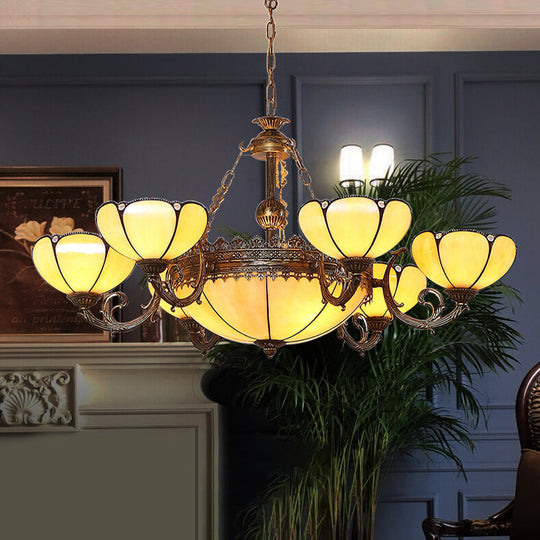 Yellow Glass Pendant Chandelier with Baroque Design - 8 Lights, Black Drop Lamp for Bedroom