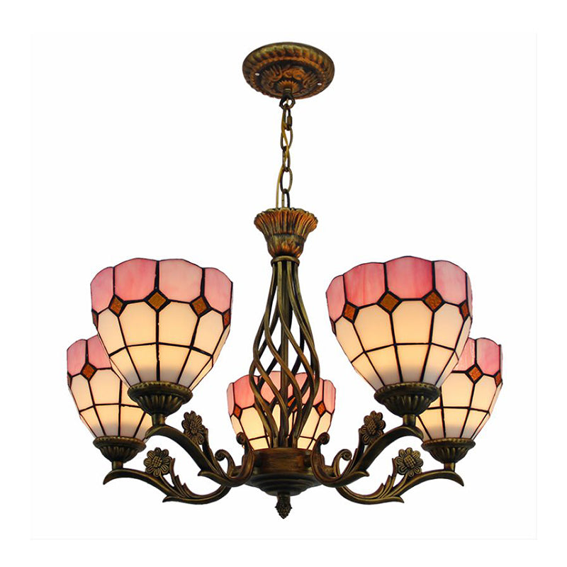 5-Light Pink Tiffany-Style Stained Glass Chandelier: Elegant Domed Hanging Pendant