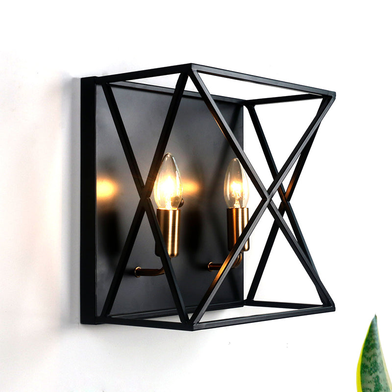 Farmhouse Style Metal Sconce Light Fixture - 2 Bulb Black Finish Wall Lamp With Wire Frame