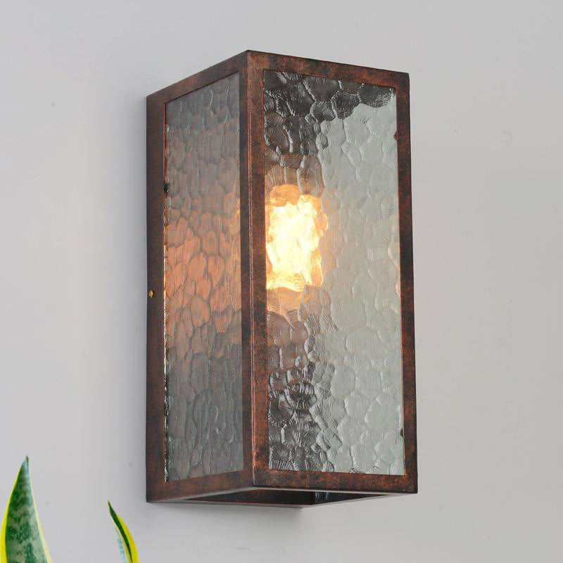 Clear Cracked Glass Rectangle Restaurant Sconce Lamp In Weathered Copper