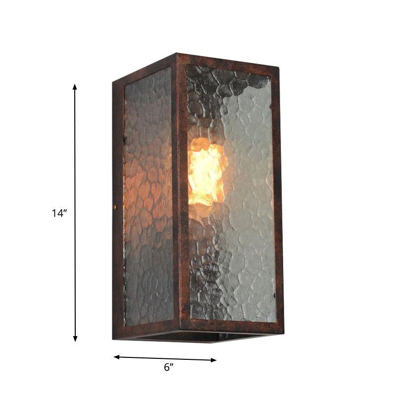 Clear Cracked Glass Rectangle Restaurant Sconce Lamp In Weathered Copper