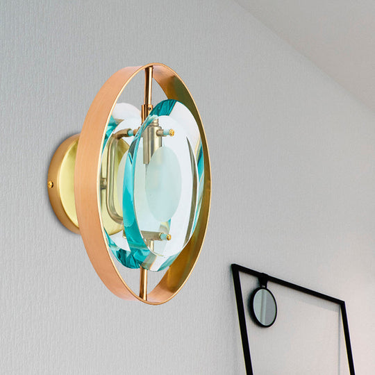 Vintage Gold Wall Sconce With Green Crystal Elliptical Shade And Circular Backplate