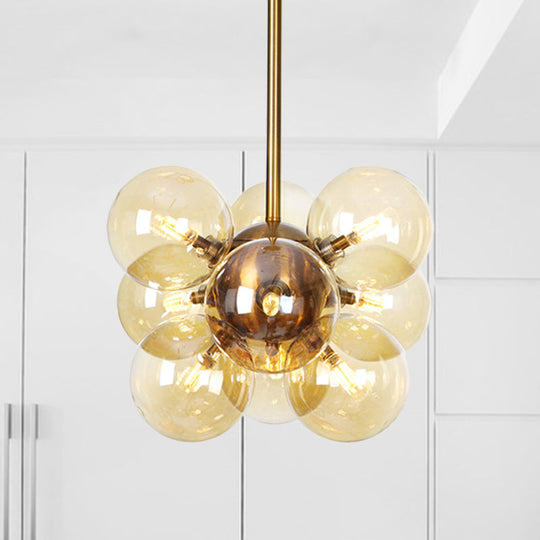 Modern Textured White/Amber Glass Ball Led Chandelier - 9 Heads Hanging Ceiling Lamp For Dining Room