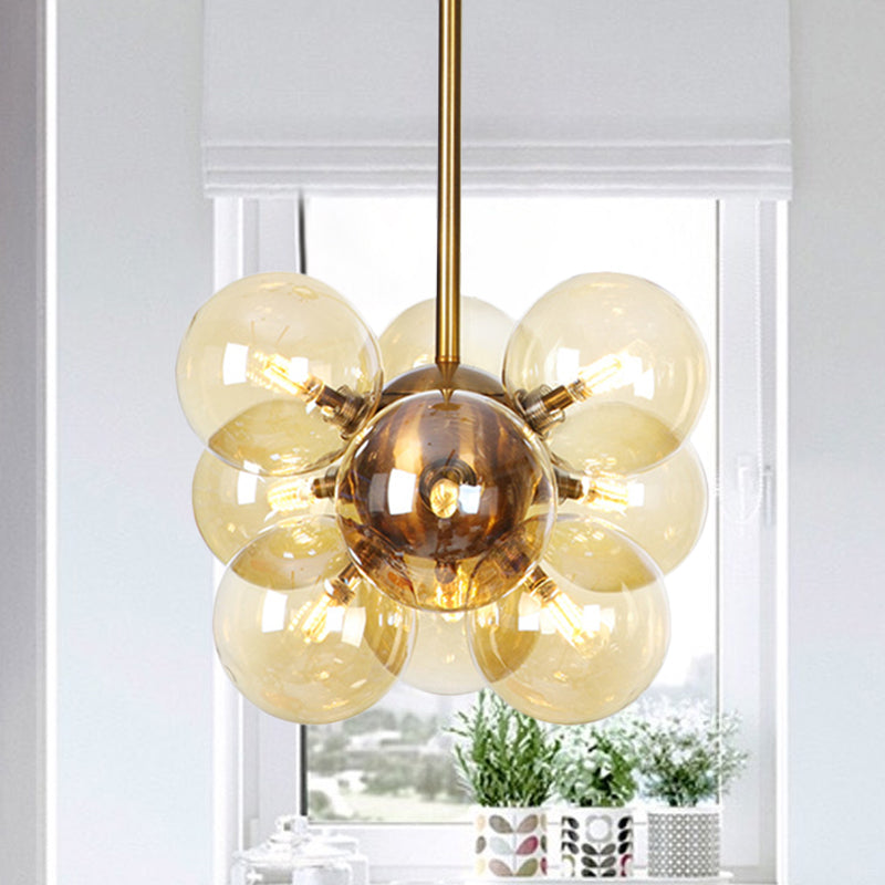 Modern Textured White/Amber Glass Ball Led Chandelier - 9 Heads Hanging Ceiling Lamp For Dining Room