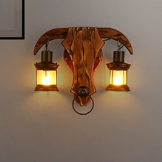 Bull Shaped Sconce Wall Lamp - Retro Style With 2 Bulbs Wood And Metal Lantern Shade