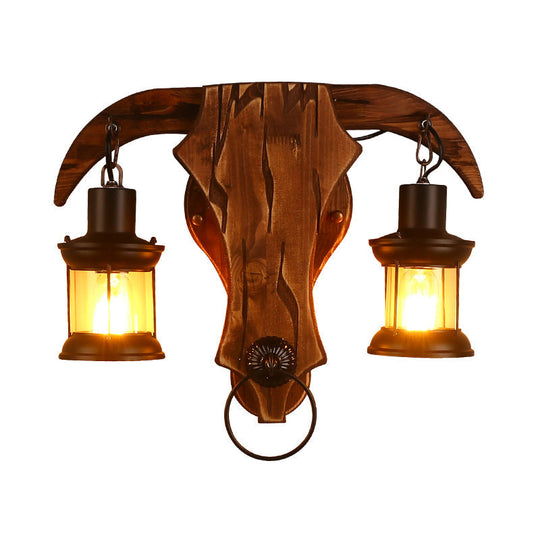 Bull Shaped Sconce Wall Lamp - Retro Style With 2 Bulbs Wood And Metal Lantern Shade