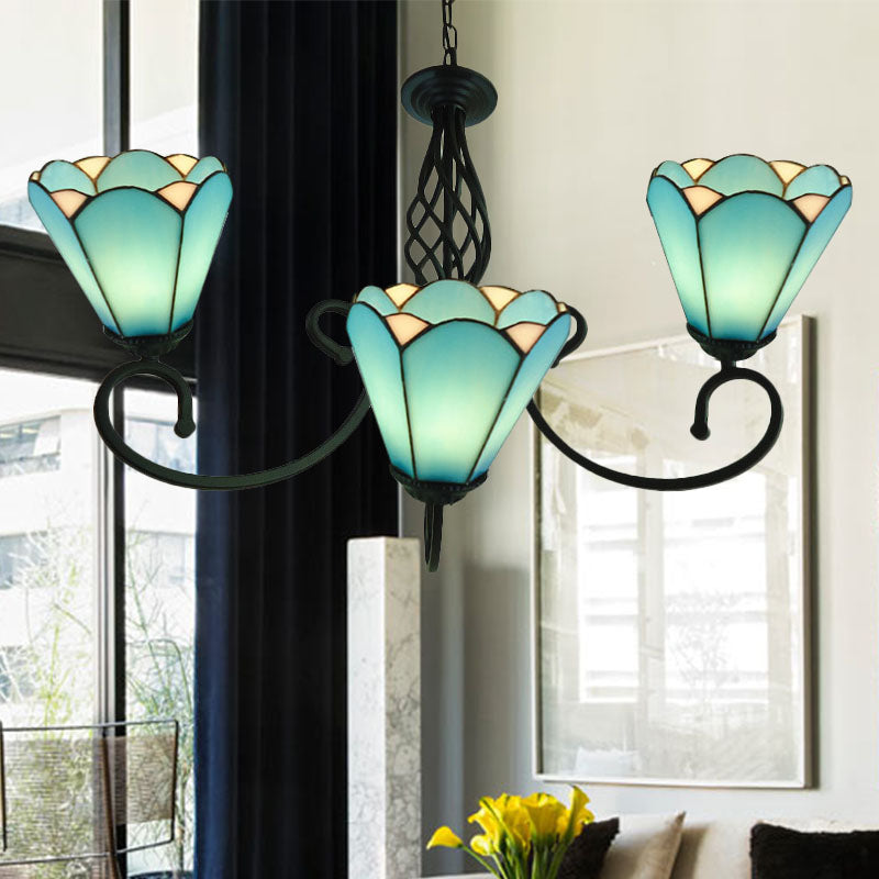 Baroque Black Cone Chandelier with 5/6/8 White/Blue Glass Drop Lights for Living Room