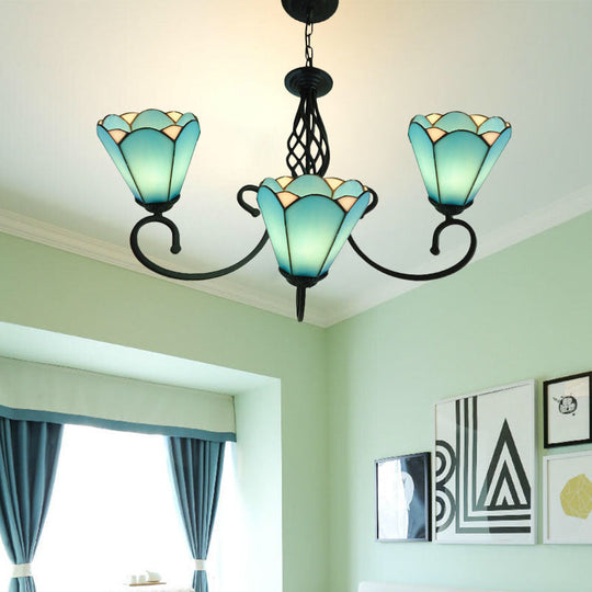 Baroque Black Cone Chandelier Lamp With White/Blue Glass Drop Pendants - 5/6/8 Lights For Living