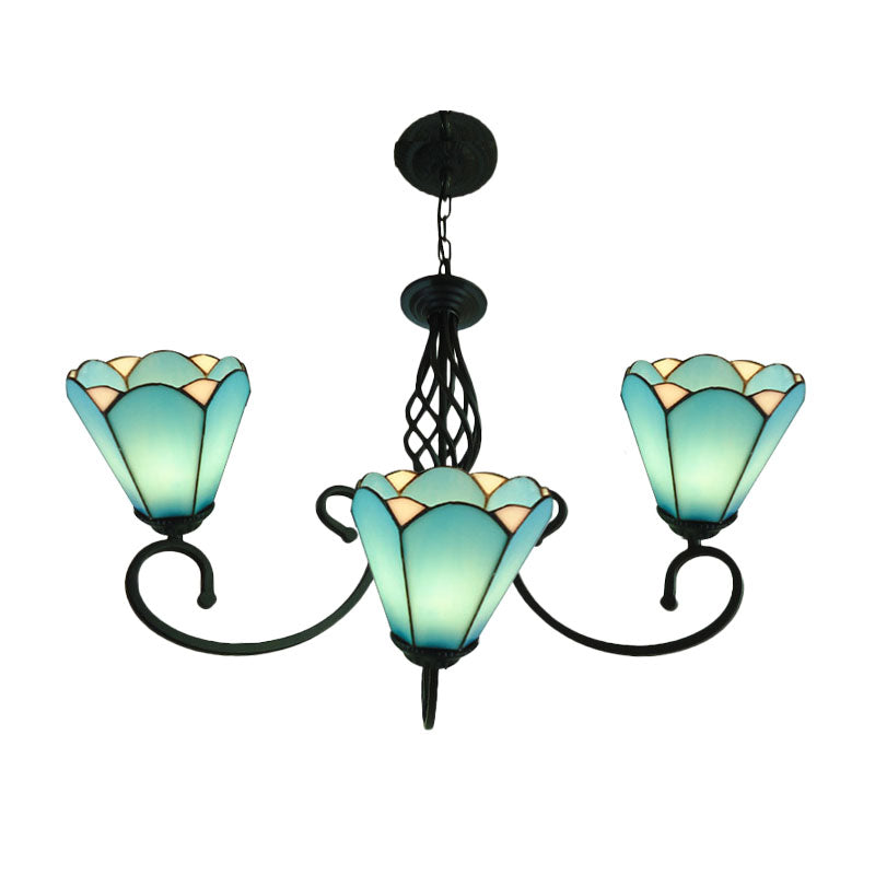 Baroque Black Cone Chandelier Lamp With White/Blue Glass Drop Pendants - 5/6/8 Lights For Living