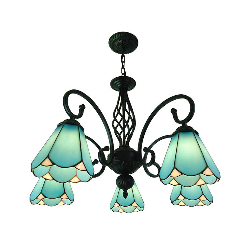 Baroque Black Cone Chandelier with 5/6/8 White/Blue Glass Drop Lights for Living Room