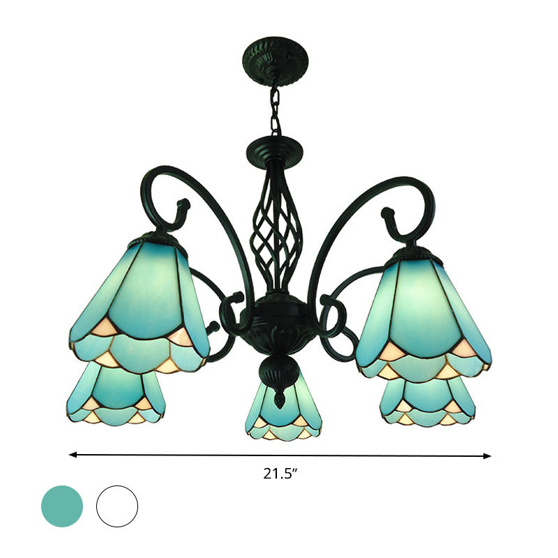 Baroque Black Cone Chandelier with 5/6/8 White/Blue Glass Drop Lights for Living Room