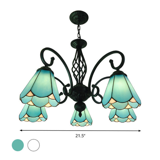 Baroque Black Cone Chandelier Lamp With White/Blue Glass Drop Pendants - 5/6/8 Lights For Living