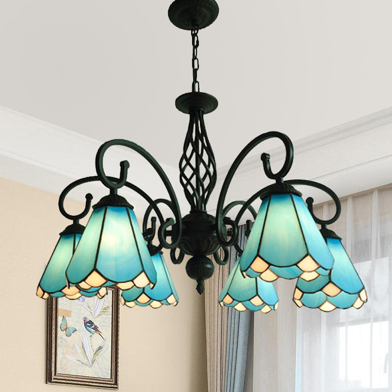 Baroque Black Cone Chandelier with 5/6/8 White/Blue Glass Drop Lights for Living Room