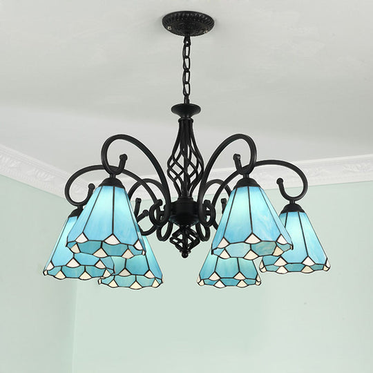 Baroque Black Cone Chandelier Lamp With White/Blue Glass Drop Pendants - 5/6/8 Lights For Living