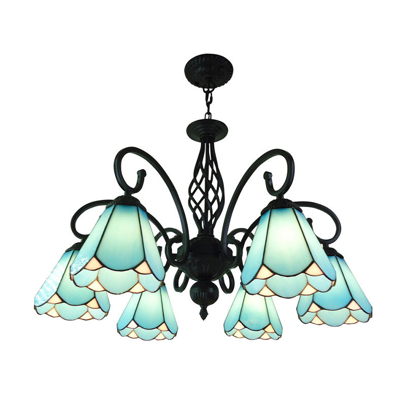 Baroque Black Cone Chandelier Lamp With White/Blue Glass Drop Pendants - 5/6/8 Lights For Living