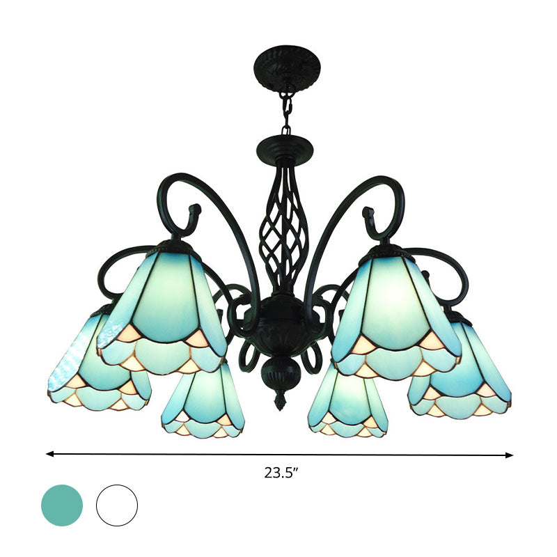 Baroque Black Cone Chandelier Lamp With White/Blue Glass Drop Pendants - 5/6/8 Lights For Living