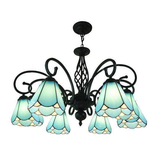 Baroque Black Cone Chandelier with 5/6/8 White/Blue Glass Drop Lights for Living Room