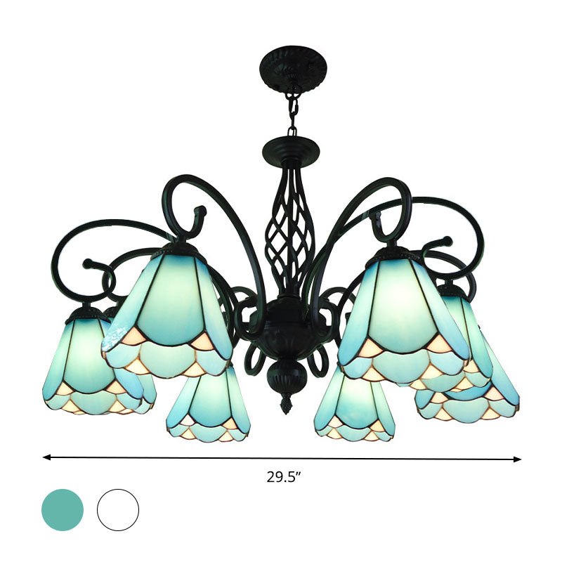 Baroque Black Cone Chandelier Lamp With White/Blue Glass Drop Pendants - 5/6/8 Lights For Living