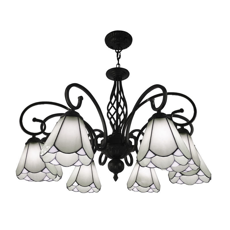 Baroque Black Cone Chandelier with 5/6/8 White/Blue Glass Drop Lights for Living Room