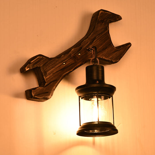 Industrial Style Wood Lantern Wall Sconce With Bronze Backplate And 1 Light Fixture