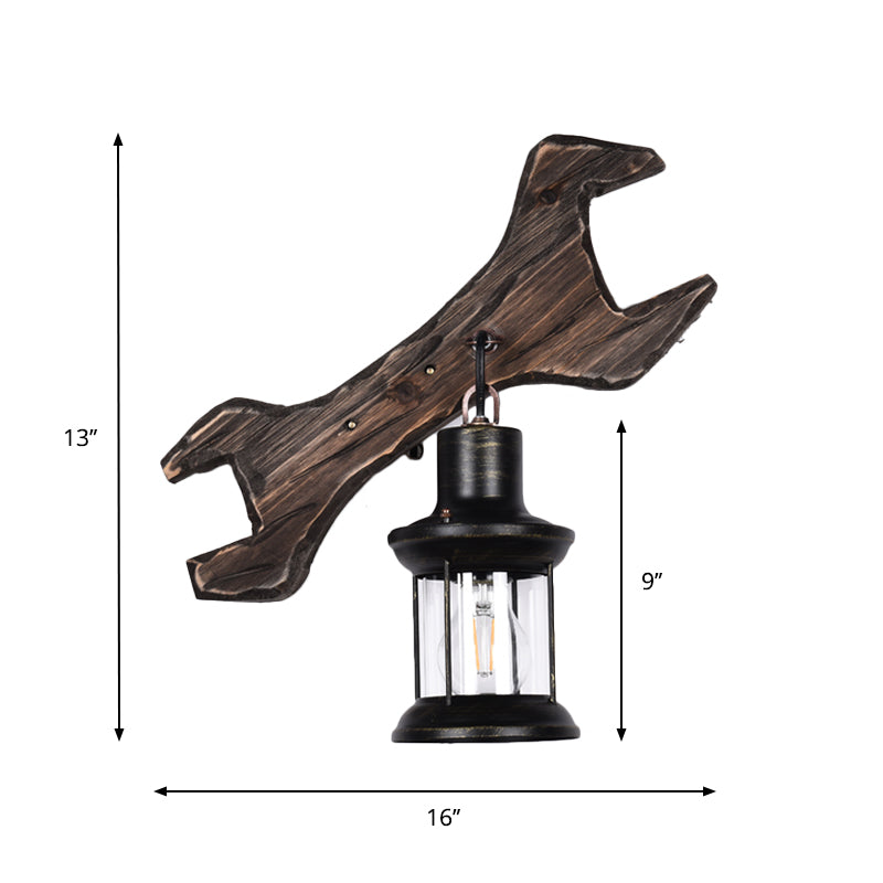 Industrial Style Wood Lantern Wall Sconce With Bronze Backplate And 1 Light Fixture