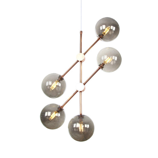 Contemporary Global Glass Chandelier - Modernist Amber/Smoke Gray 5-Bulb Led Hanging Lamp For Living