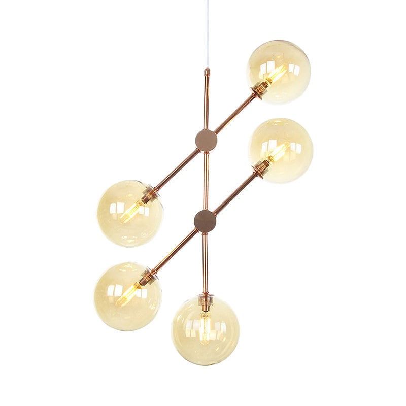 Contemporary Global Glass Chandelier - Modernist Amber/Smoke Gray 5-Bulb Led Hanging Lamp For Living