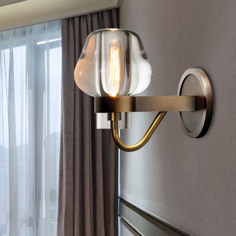 Retro K9 Crystal Wall Lamp - Tapered 1/2 Heads Indoor Light Fixture In Brass With Curved Metal Arm 1