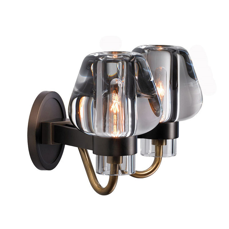 Retro K9 Crystal Wall Lamp - Tapered 1/2 Heads Indoor Light Fixture In Brass With Curved Metal Arm