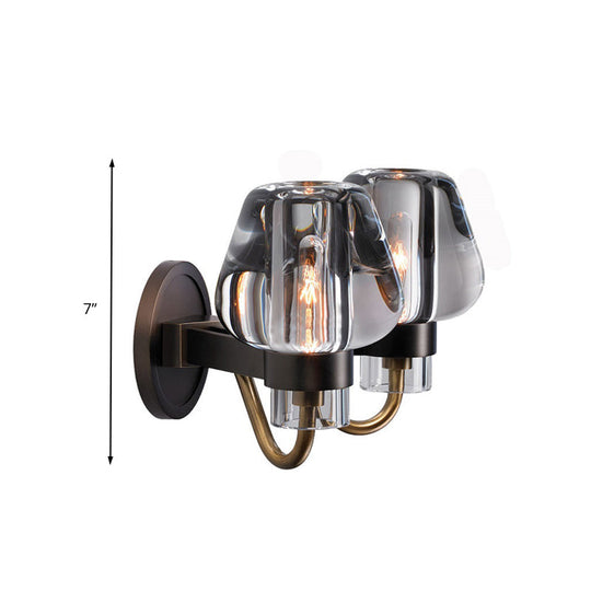 Retro K9 Crystal Wall Lamp - Tapered 1/2 Heads Indoor Light Fixture In Brass With Curved Metal Arm