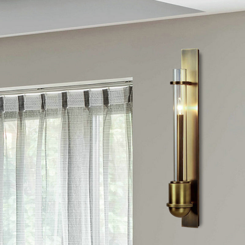 Traditional 1-Light Brass Led Wall Mount Lamp For Clear Glass Linear Lighting In Living Room