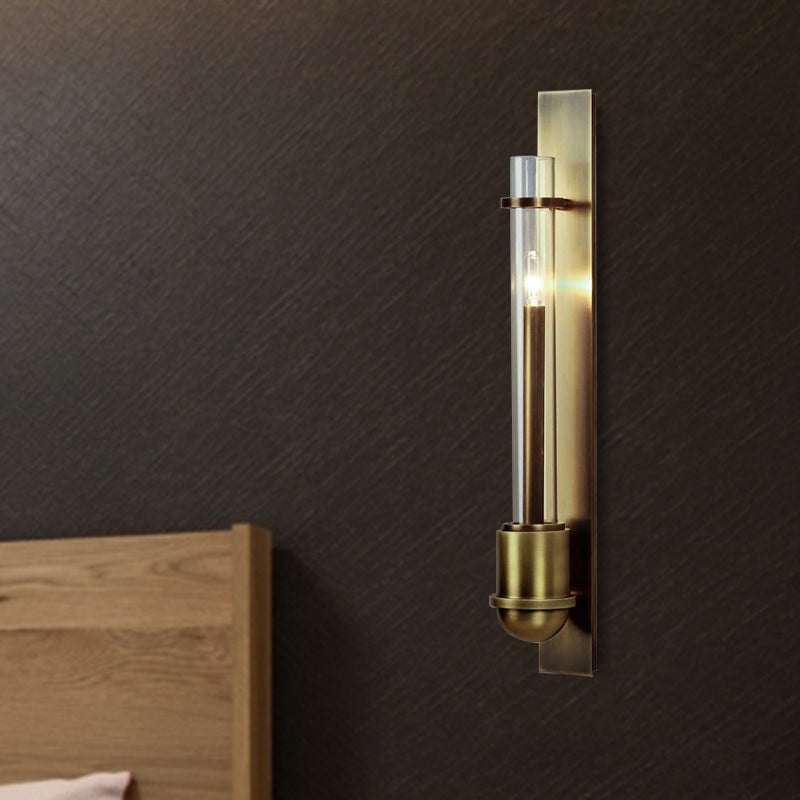 Traditional 1-Light Brass Led Wall Mount Lamp For Clear Glass Linear Lighting In Living Room