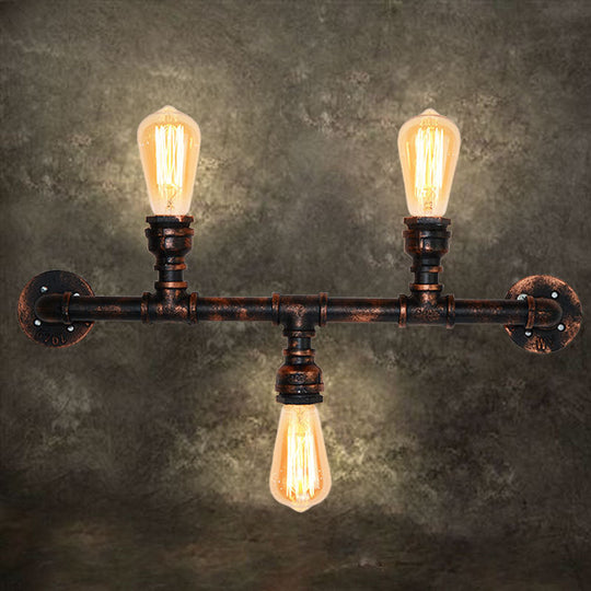 Industrial Metal Wall Sconce With 3 Exposed Copper Heads - Weathered Vintage Style Water Pipe Lamp