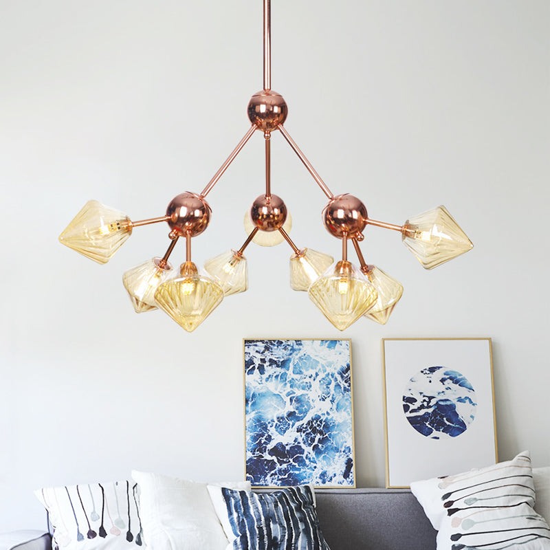 Modern Amber Glass Diamond Chandelier - 9 Bulbs Rose Gold Pendant Light Fixture