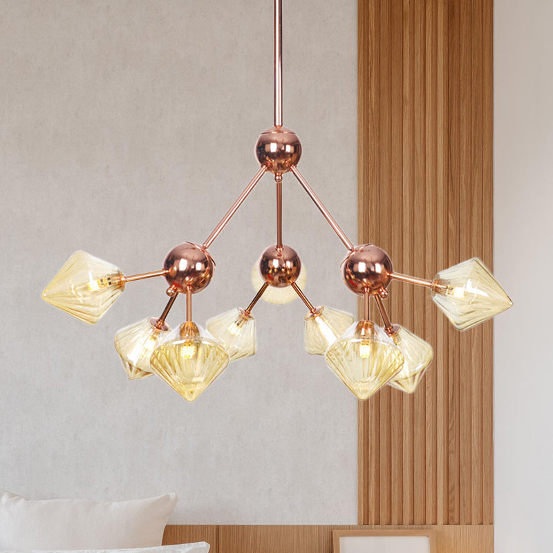 Modern Amber Glass Diamond Chandelier - 9 Bulbs Rose Gold Pendant Light Fixture