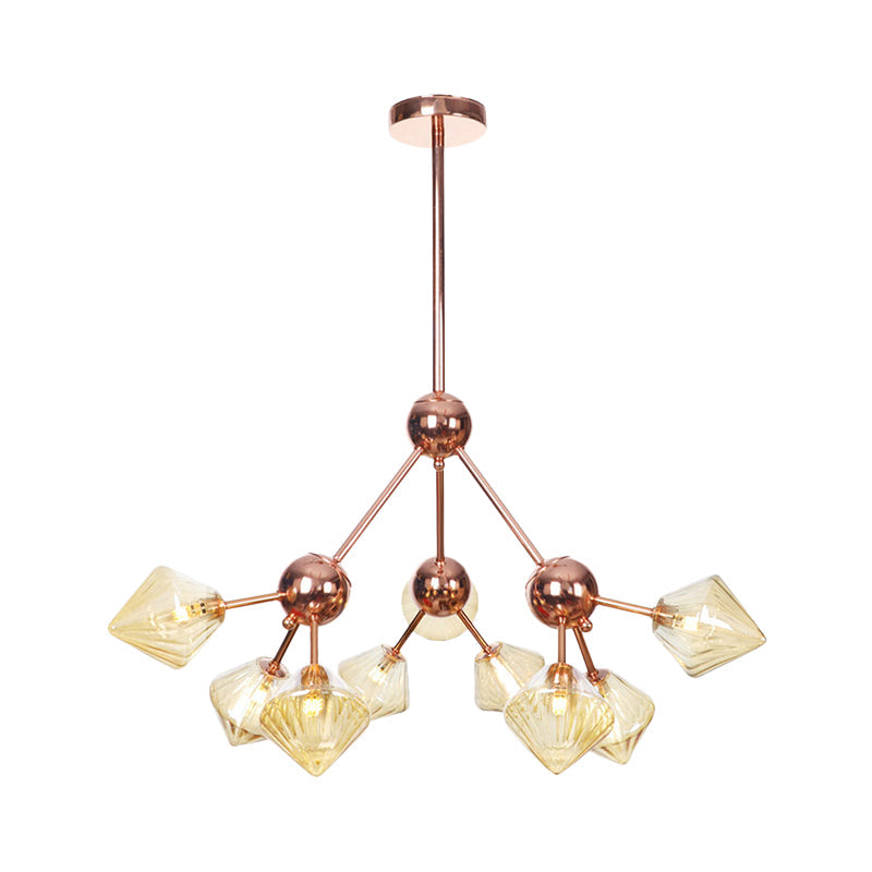 Modern Amber Glass Diamond Chandelier - 9 Bulbs Rose Gold Pendant Light Fixture