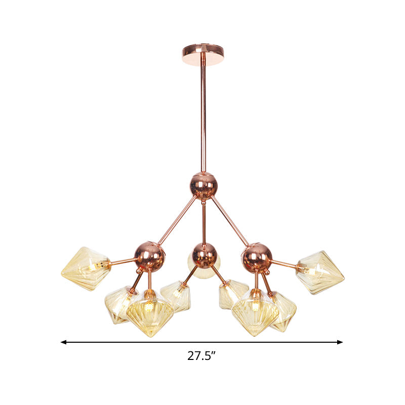 Modern Amber Glass Diamond Chandelier - 9 Bulbs Rose Gold Pendant Light Fixture