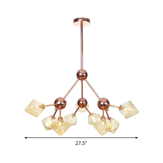 Modern Amber Glass Diamond Chandelier - 9 Bulbs Rose Gold Pendant Light Fixture