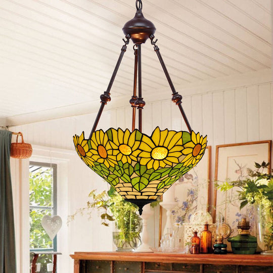 Mediterranean Red/Yellow/Orange Flower Stained Glass Kitchen Chandelier - 2-Light Ceiling Fixture