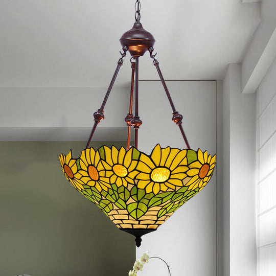 Mediterranean Red/Yellow/Orange Flower Stained Glass Kitchen Chandelier - 2-Light Ceiling Fixture