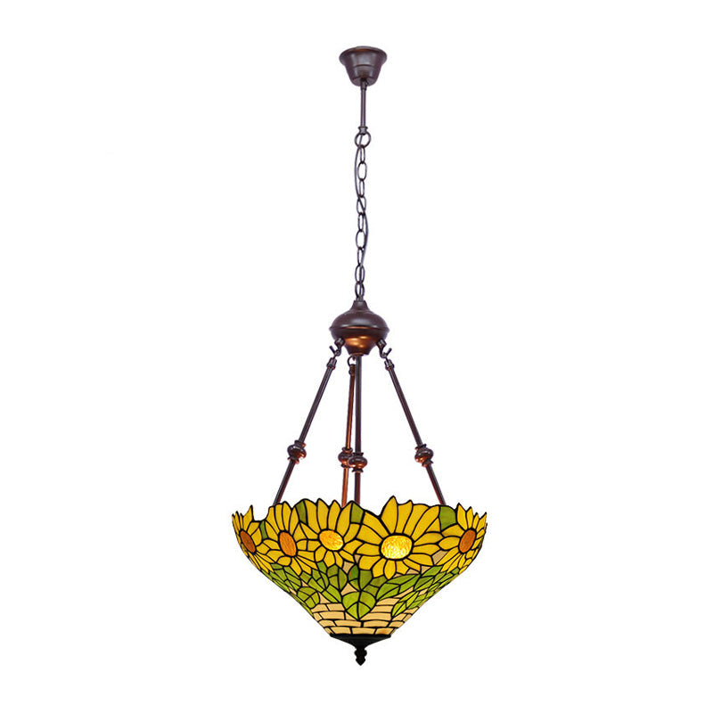 Mediterranean Red/Yellow/Orange Flower Stained Glass Kitchen Chandelier - 2-Light Ceiling Fixture