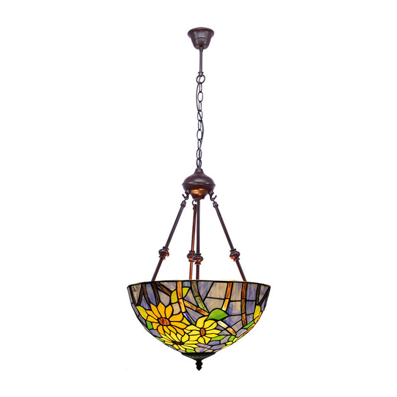 Mediterranean Red/Yellow/Orange Flower Stained Glass Kitchen Chandelier - 2-Light Ceiling Fixture