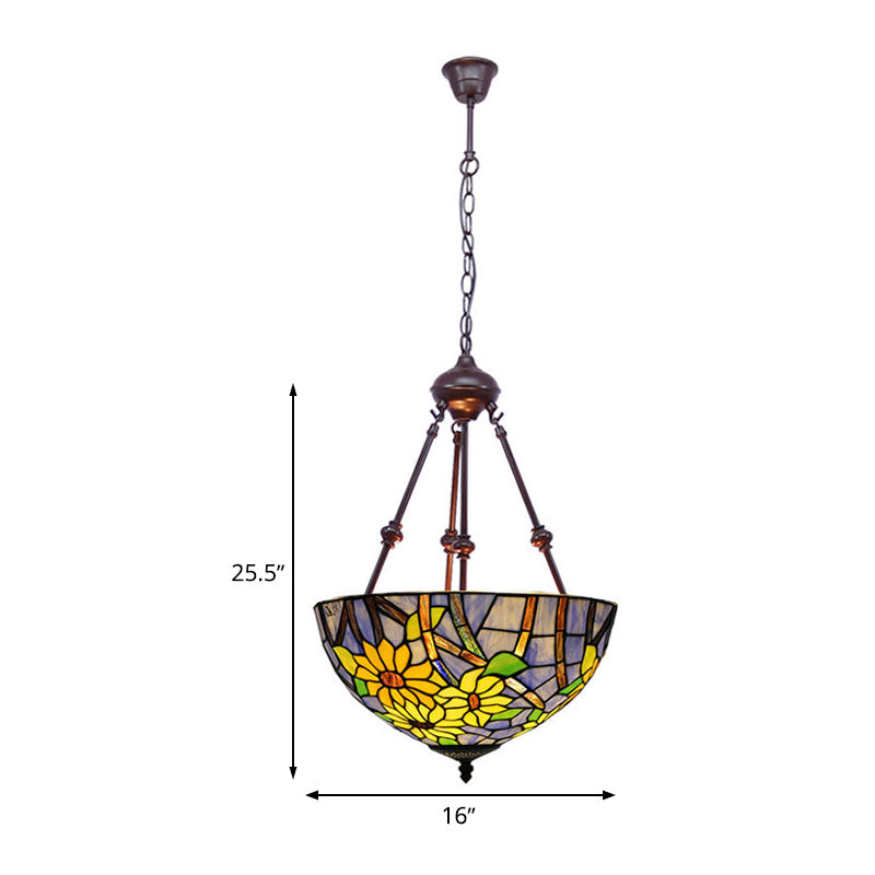 Mediterranean Red/Yellow/Orange Flower Stained Glass Kitchen Chandelier - 2-Light Ceiling Fixture