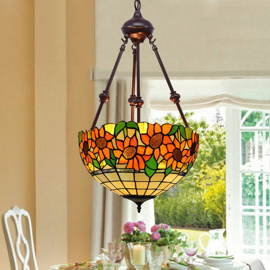 Mediterranean Red/Yellow/Orange Flower Stained Glass Kitchen Chandelier - 2-Light Ceiling Fixture